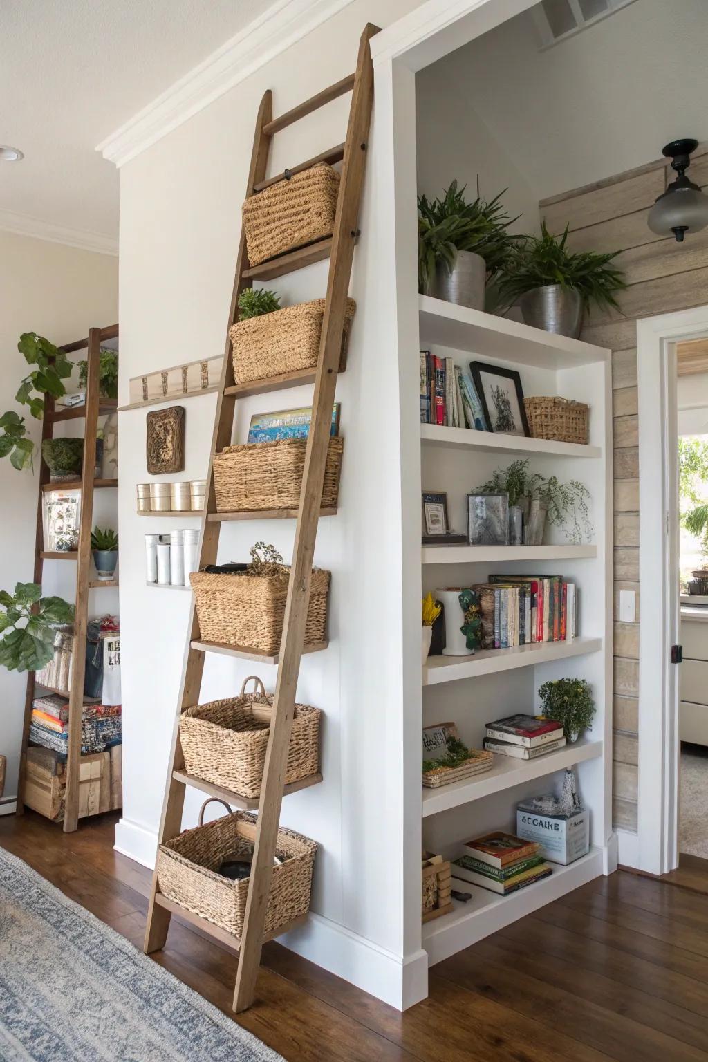 Vertical storage maximizes space efficiently.