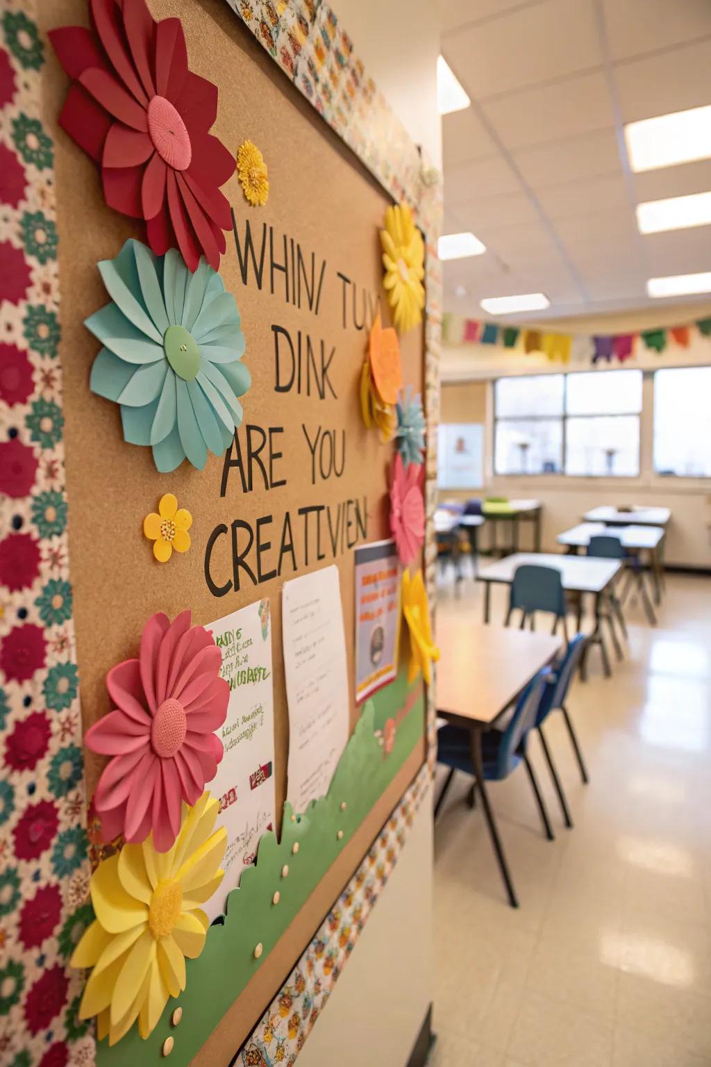 A bulletin board inspiring creativity with paper flowers and imaginative prompts.