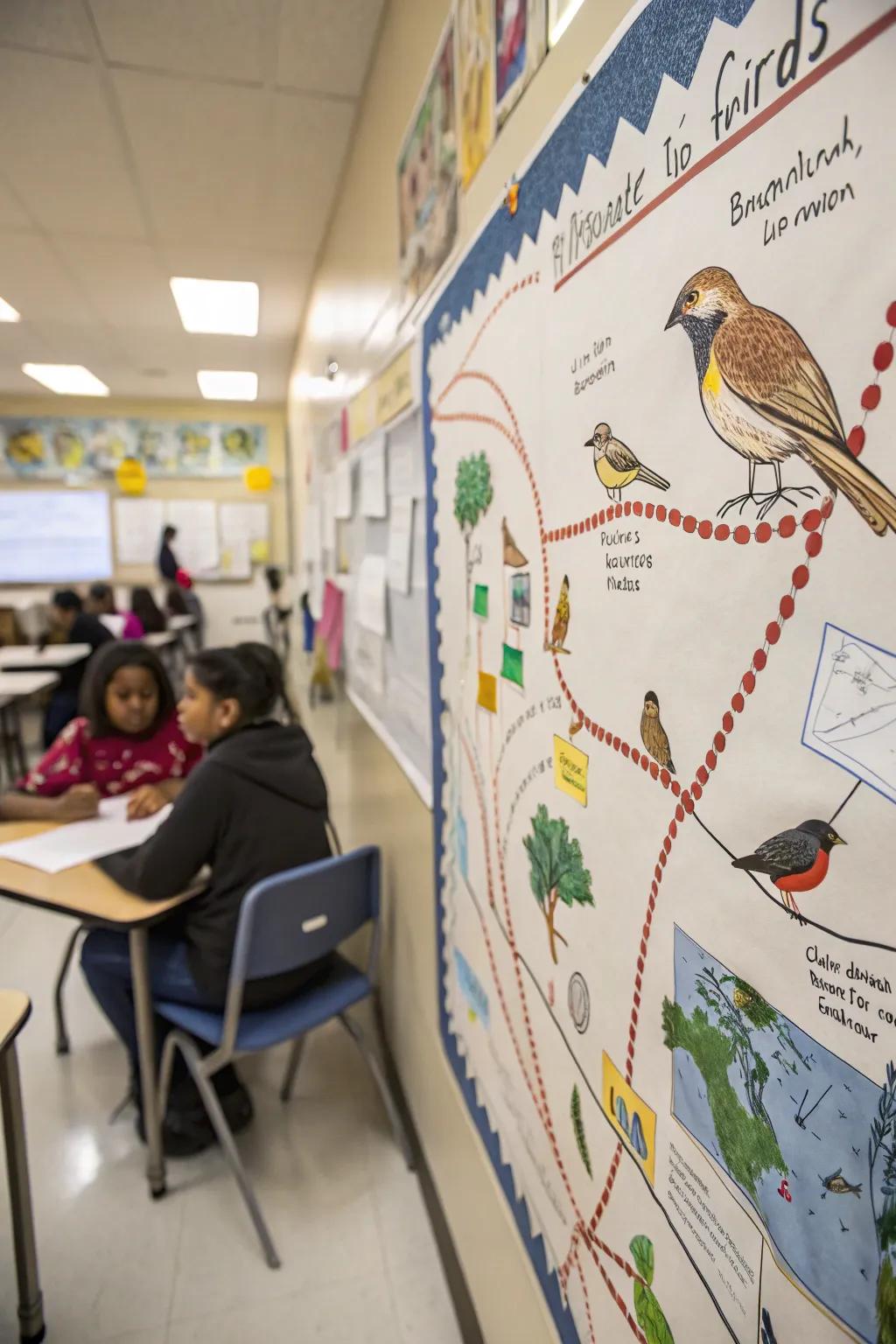 Migratory birds take flight, bringing spring’s rebirth to life on this educational board.