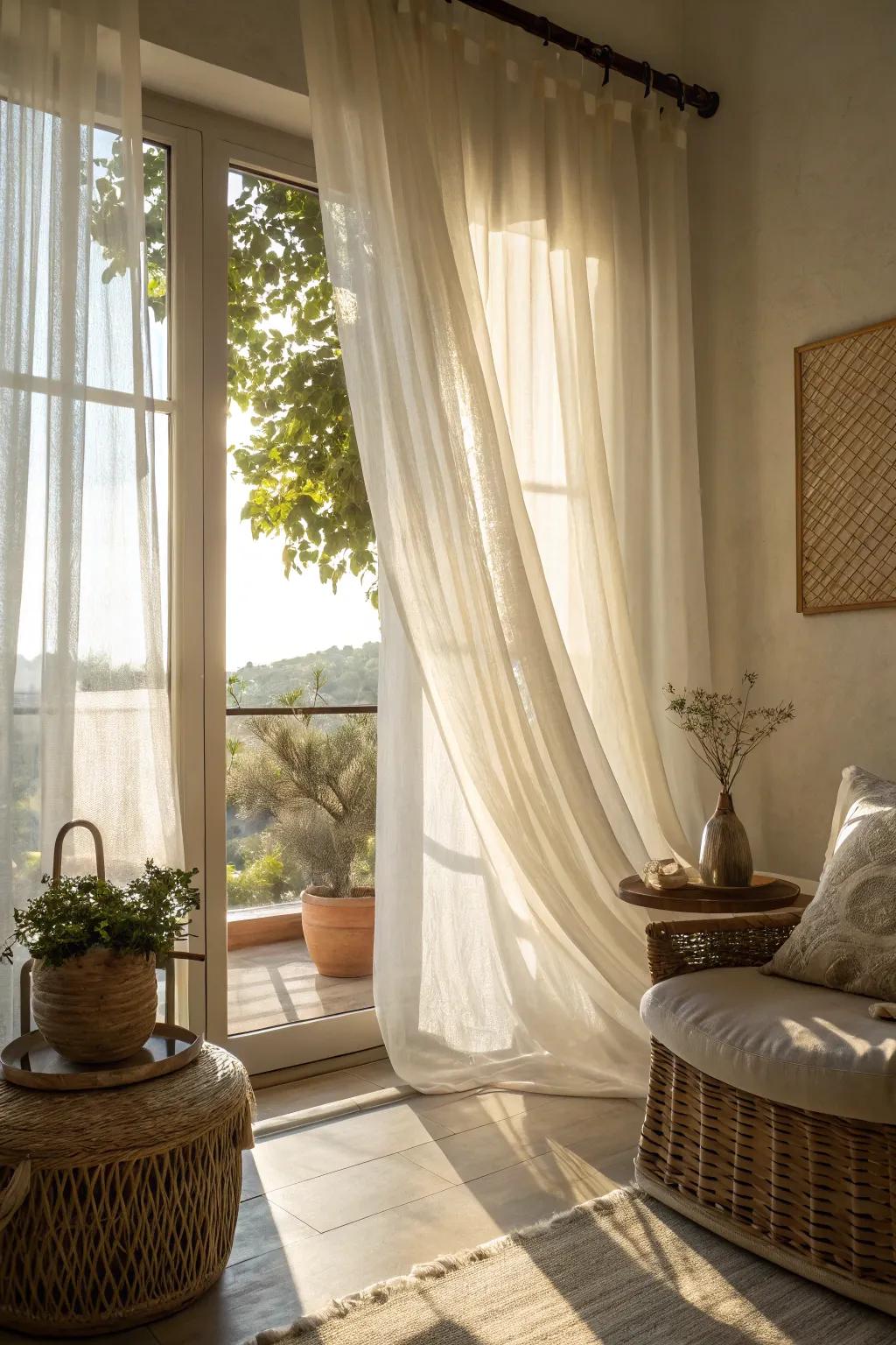 Light drapes help create a bright and inviting spring atmosphere.