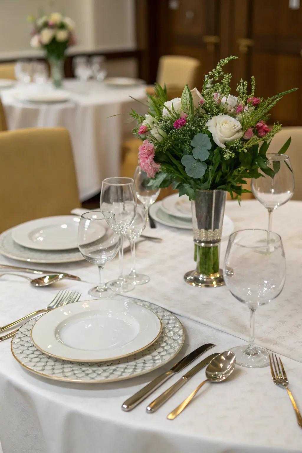 An elegantly set dining table inspires potential homeowners to visualize hosting.