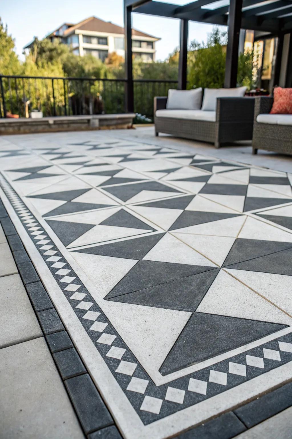 A modern patio showcasing geometric dyed concrete designs.