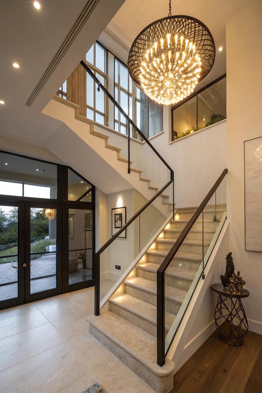 Statement lighting highlights the architectural framework of this staircase.
