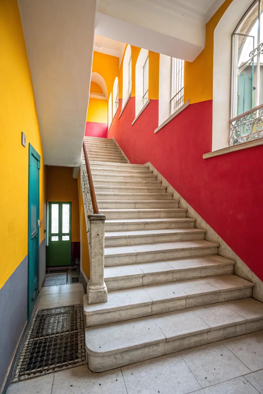 Emphasize your staircase with the use of contrasting color palettes.