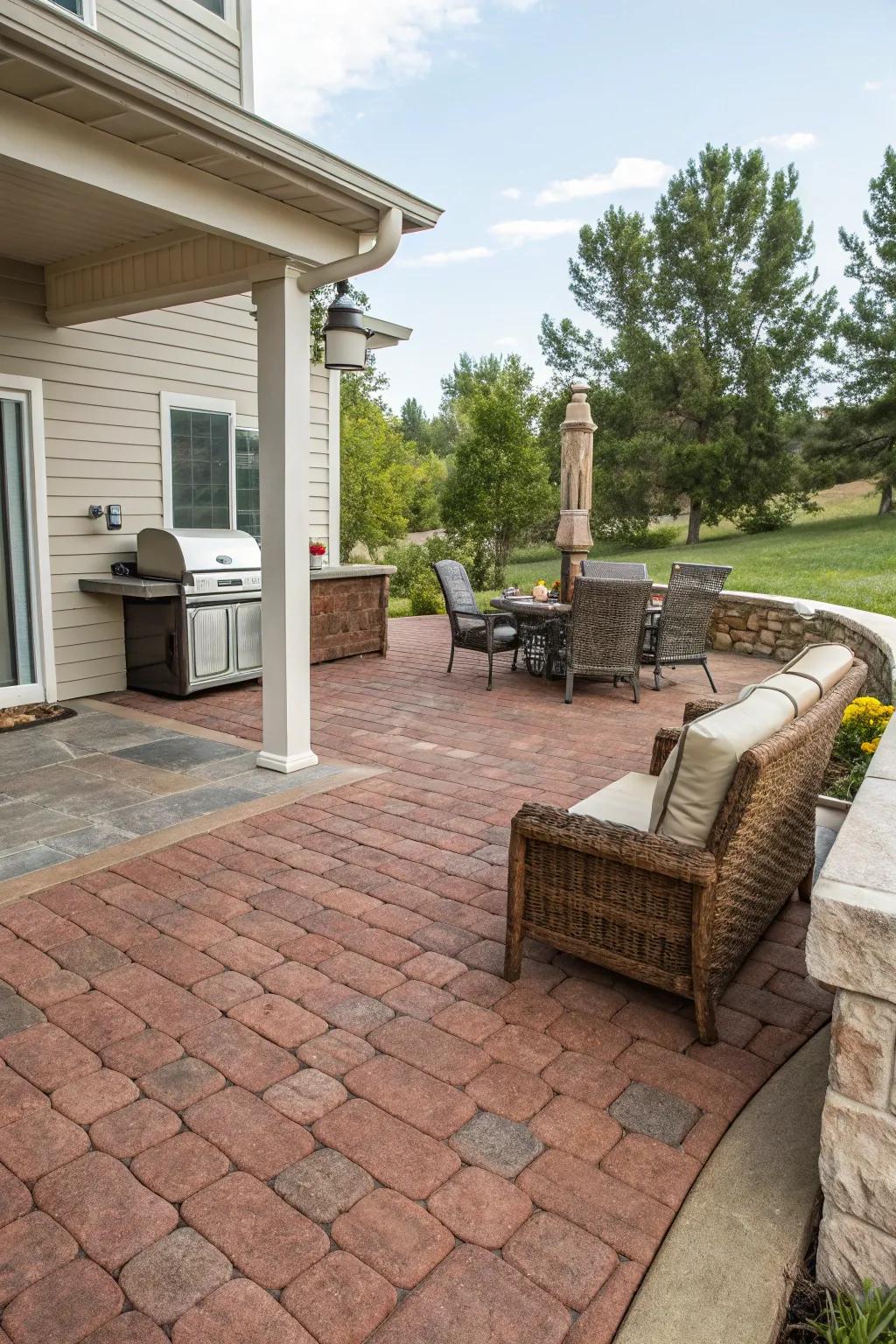 Brick-patterned concrete adds warmth and coziness to this veranda.