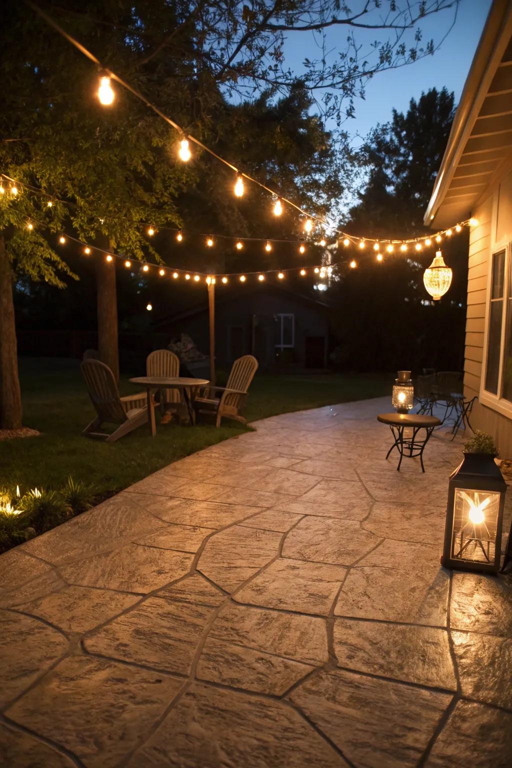Ambient lighting transforms the patio into a nighttime haven.