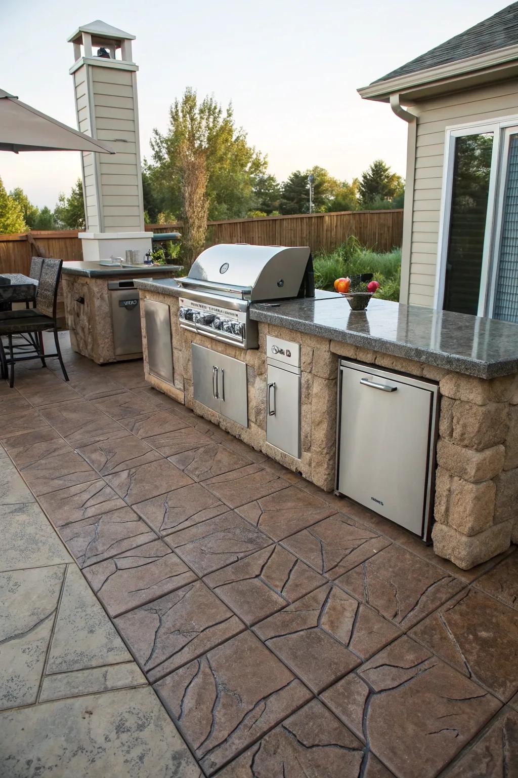 A stamped concrete patio featuring a stylish outdoor kitchen.