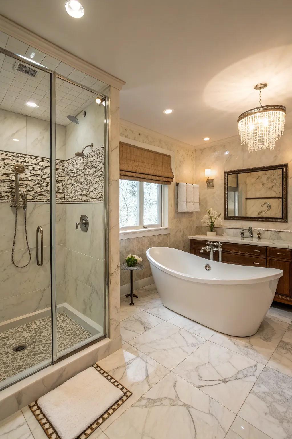A freestanding tub complements a standup shower, creating a spa-like environment.