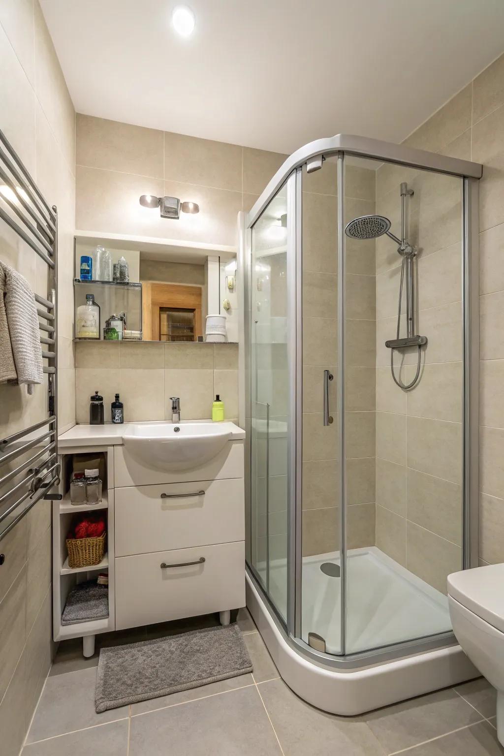 A snug lavatory highlighting a space-saving step-down corner shower.