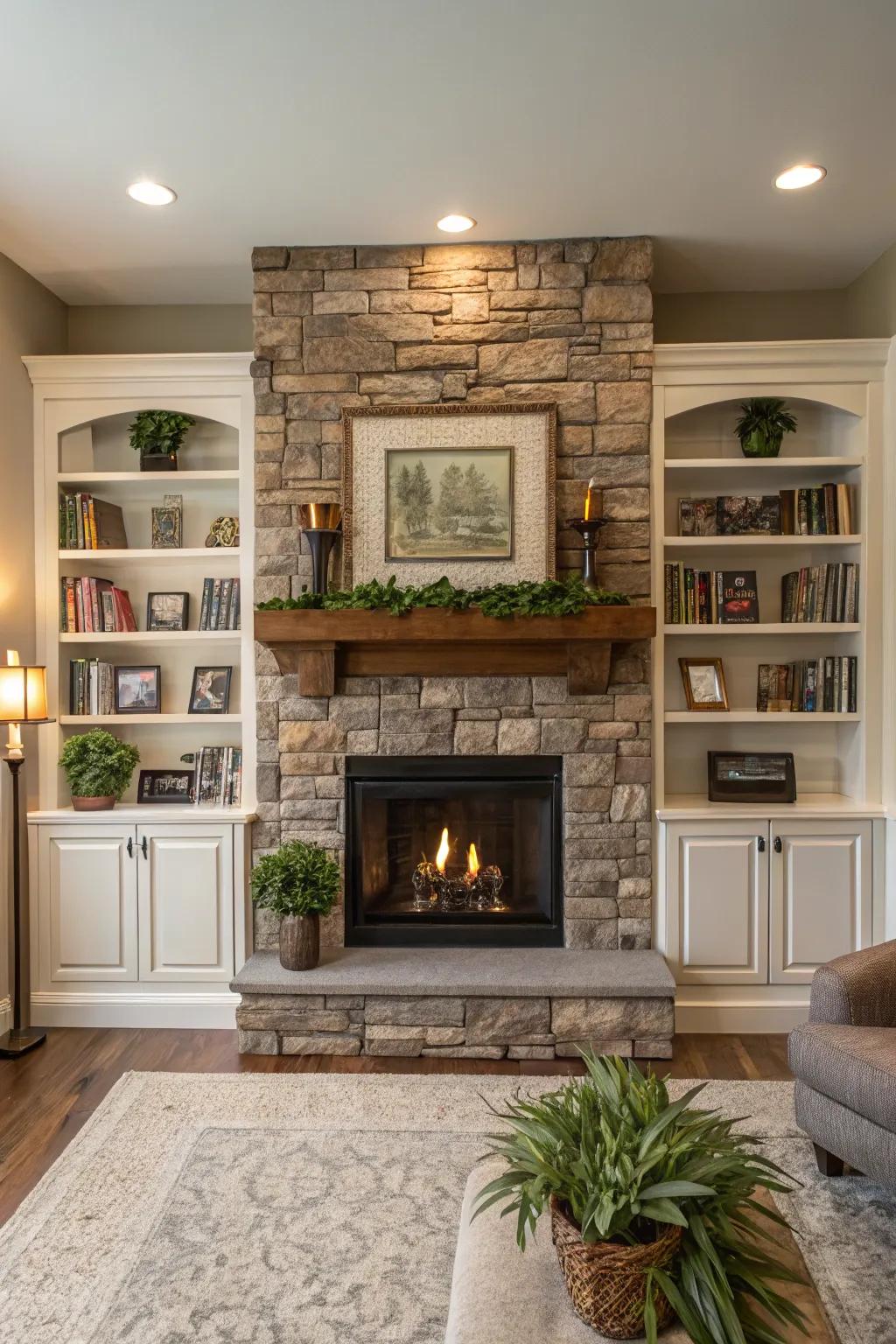 A functional living room featuring a stone fireplace and built-in shelving.