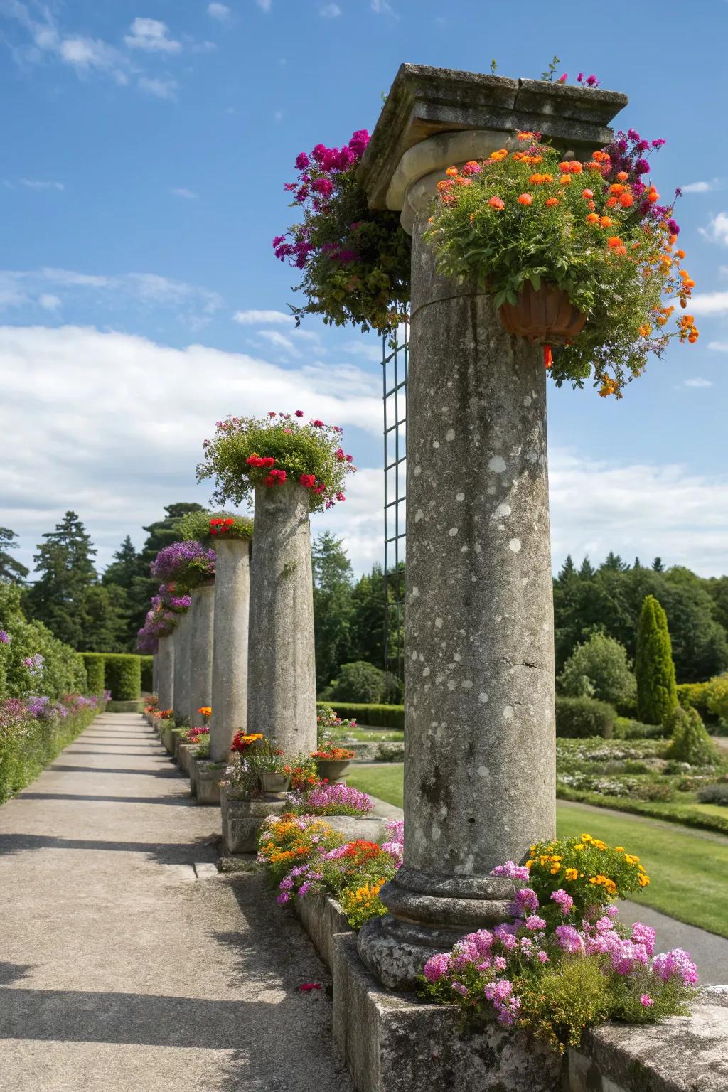 Bring life to rock columns with vibrant floral planters.