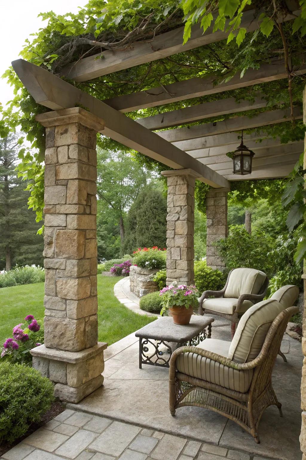 A stone gazebo offers shade coupled with stylish elegance.