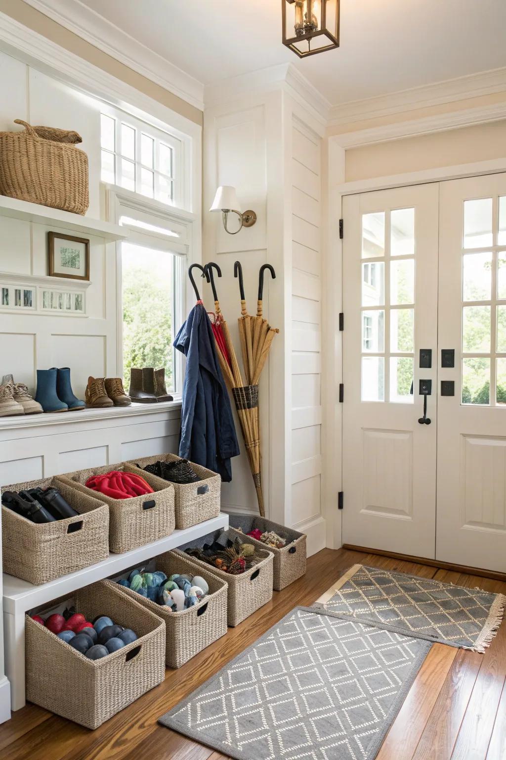 Entryway bins for a tidy first impression.