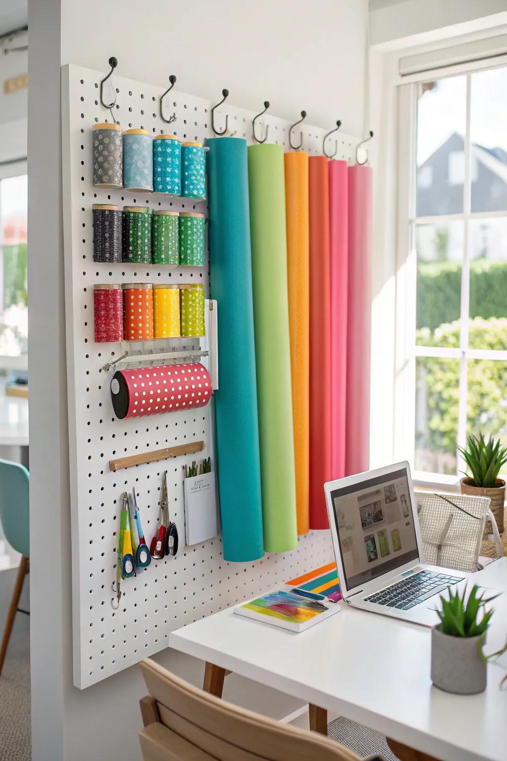 Pegboard displays provide adaptable storage for vinyl rolls.