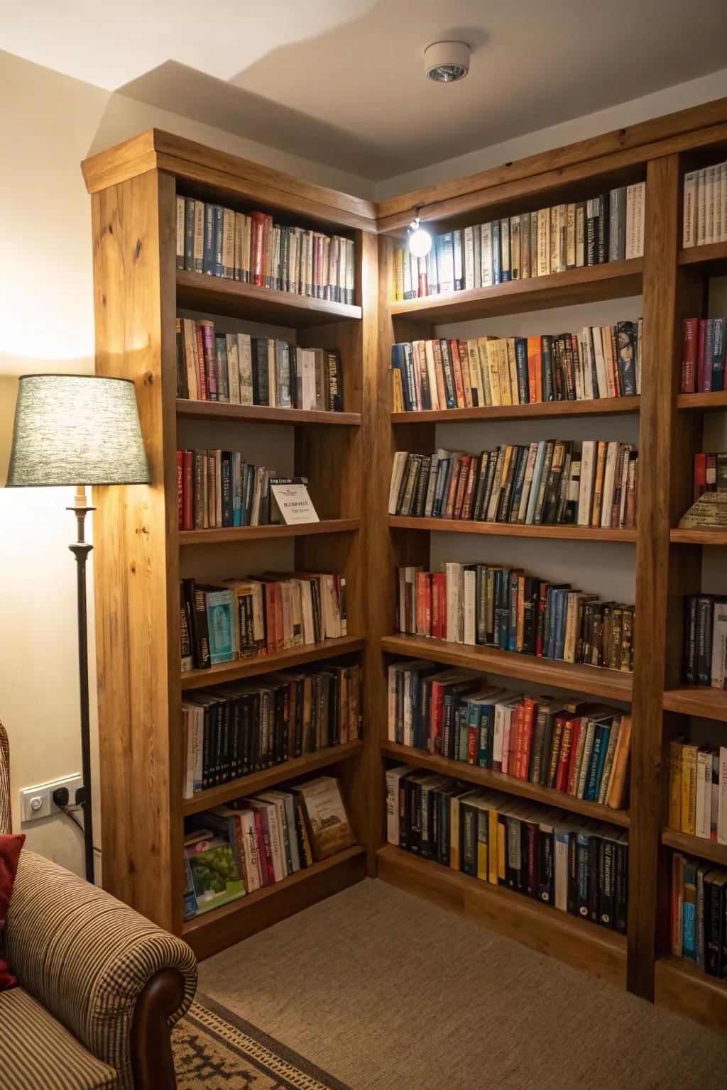 A small corner library is equipped with corner shelves.