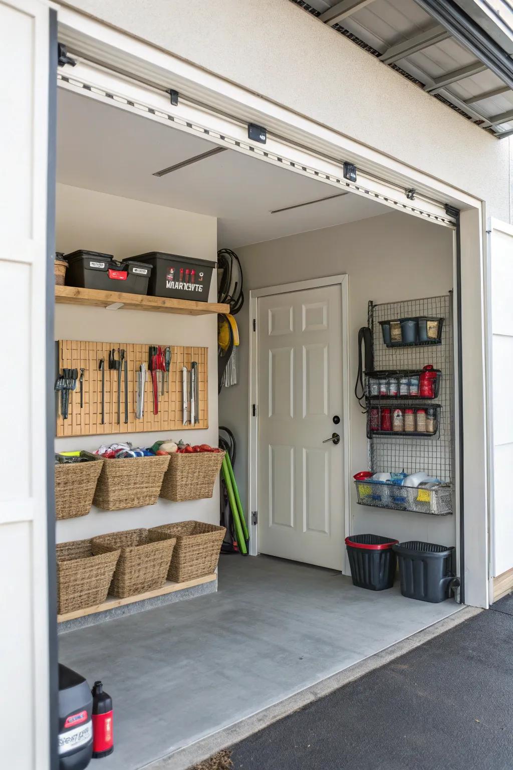 Mounted baskets on the garage door for organized storage.