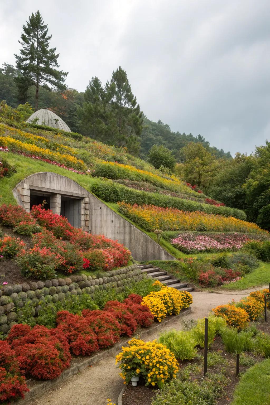 Terraced gardens beautifully utilize slopes around storm shelters.