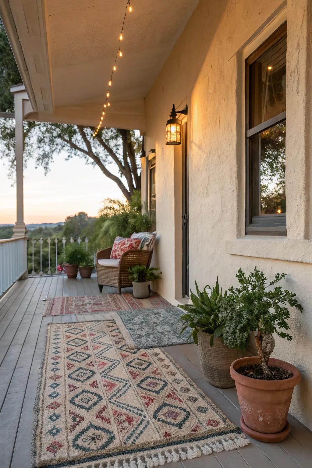 Inviting decor items that make this stucco porch resemble a home.