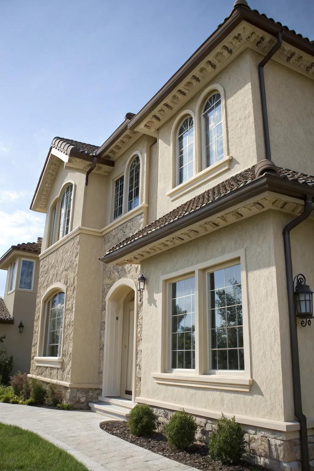 Etched trims seamlessly blend with this stucco surface.