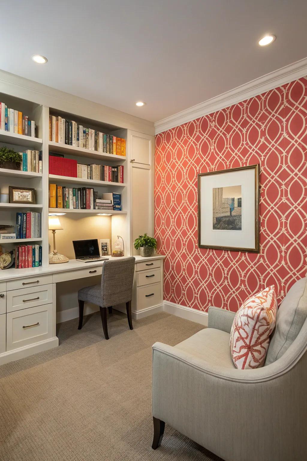 A statement wall adds a lively touch to the study area.