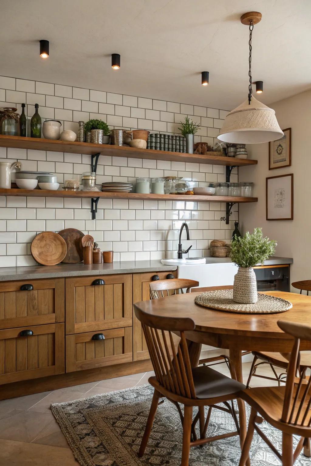 Rectangle coverings, when combined with timber emphases, engender a harmonious and inviting cooking space.