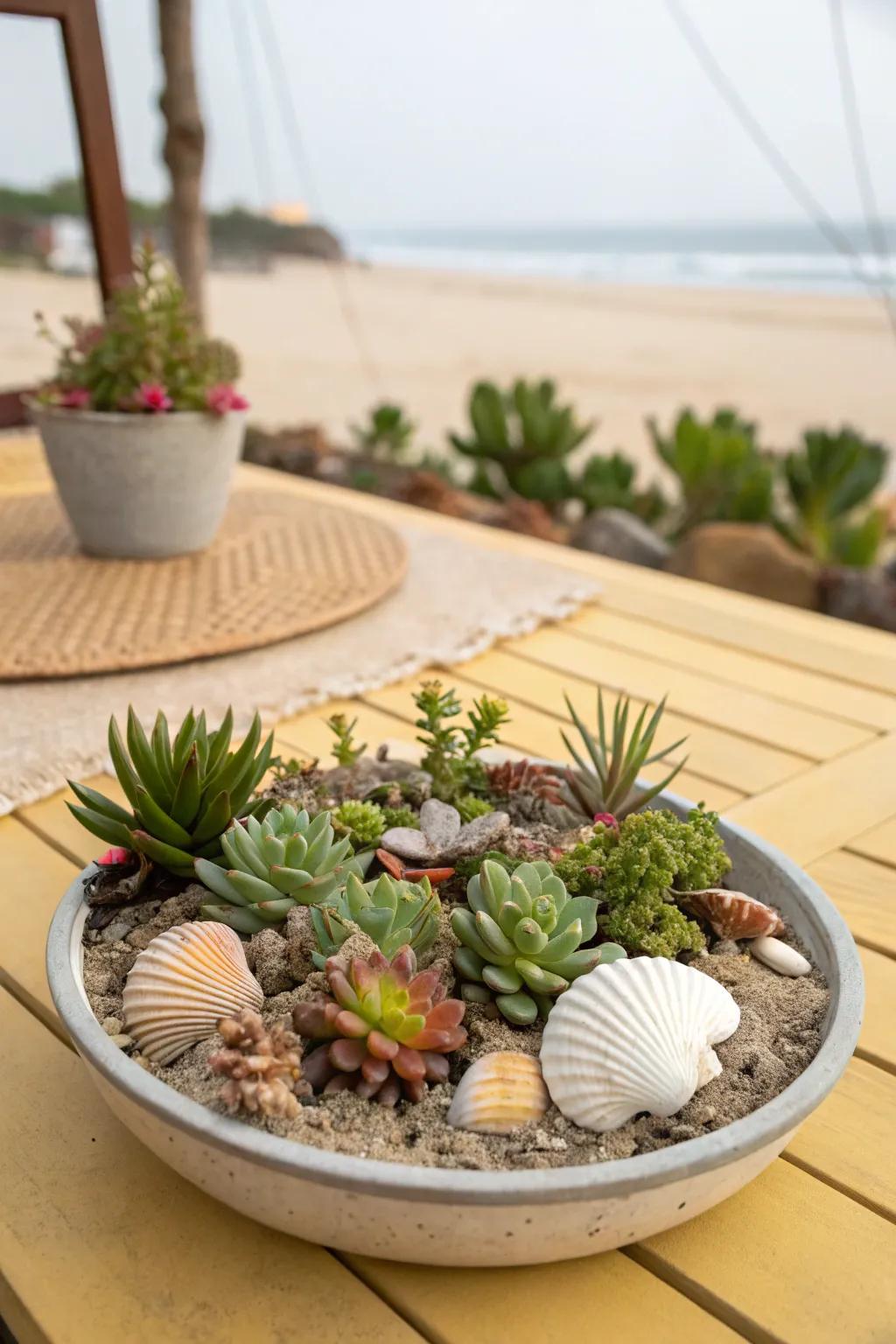 A beach-inspired succulent garden enhanced with seashell details.