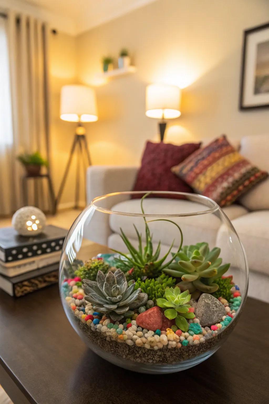 An elegant indoor terrarium showcasing succulents and ornamental pebbles.