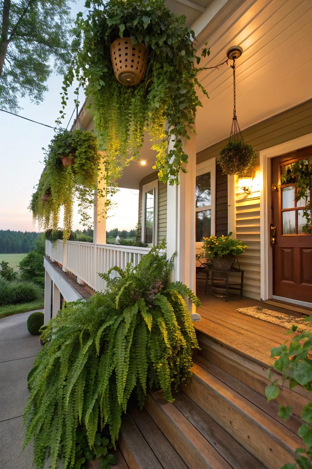 Suspended flora enriches any porch using greenery and vitality.