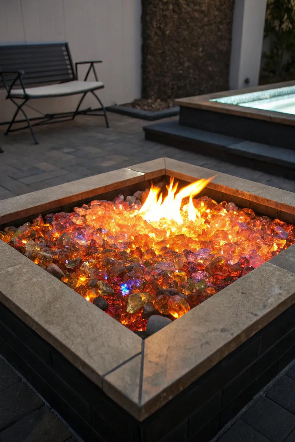 Fire glass adds elegance and sparkle to this fire pit.