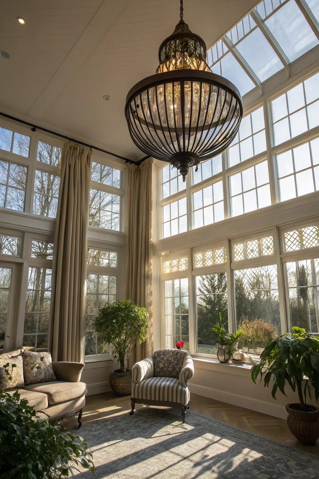 A statement light fixture brings character to this sunroom.
