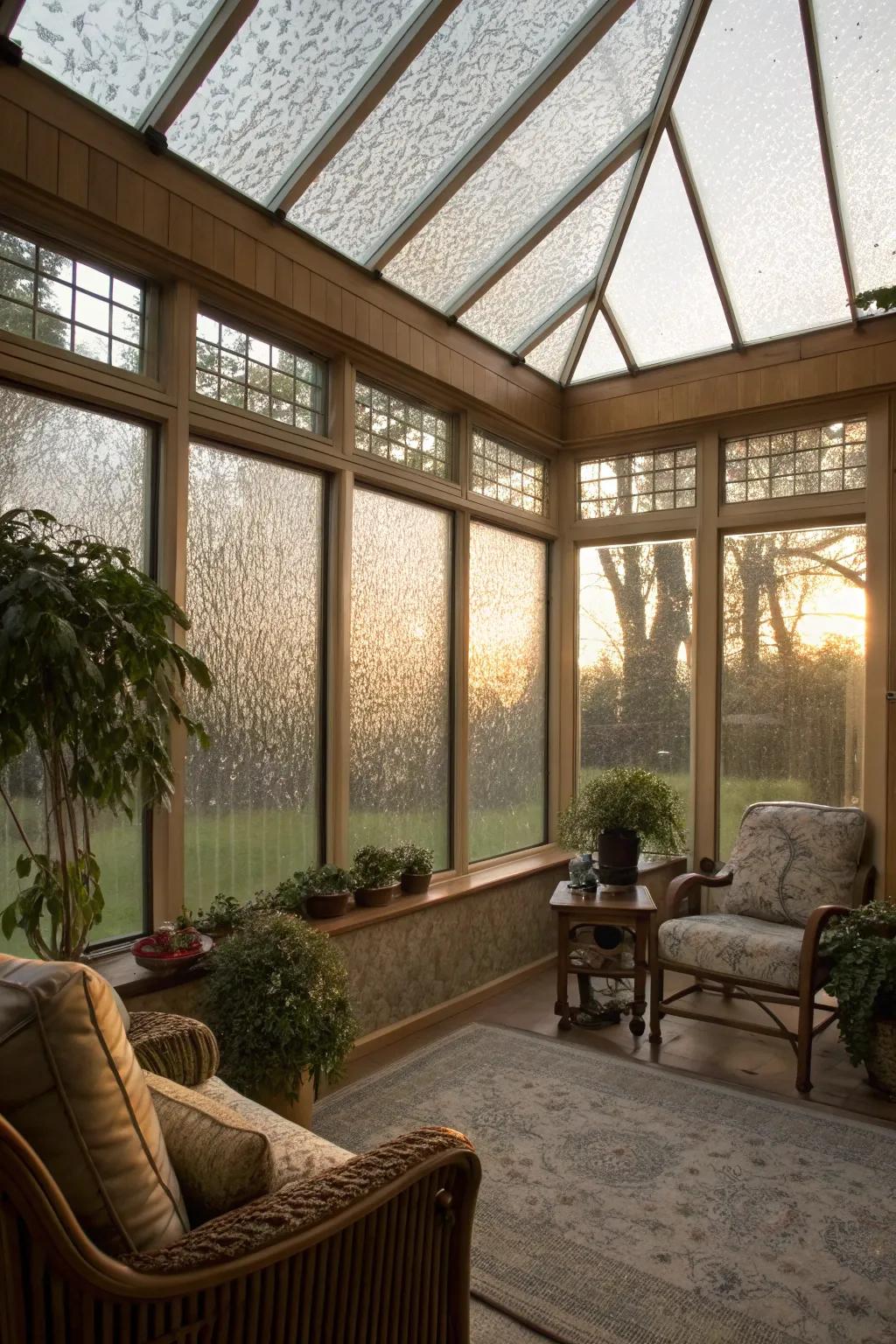 Textured panes balance privacy with soft, natural light.