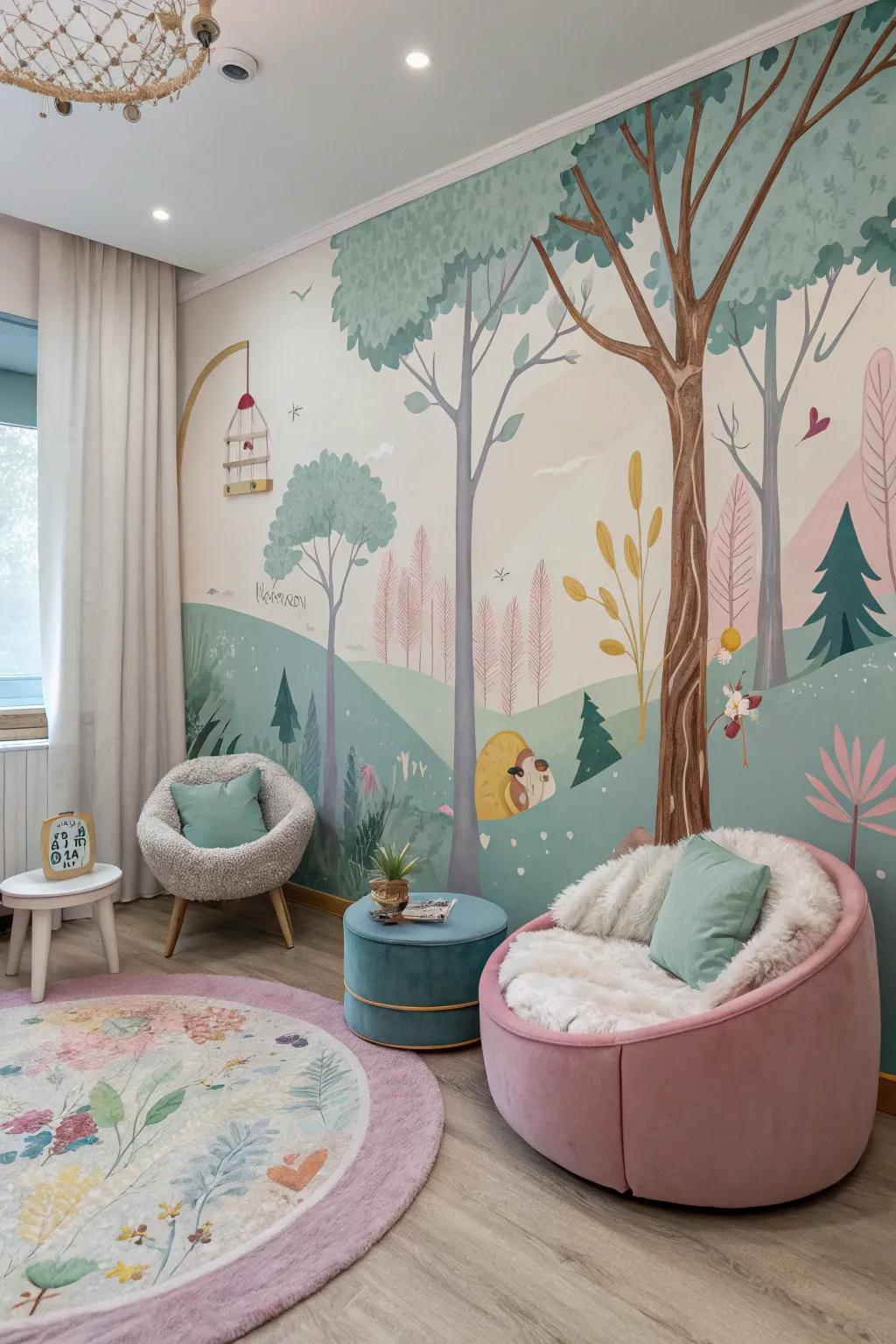 A child's room showcasing a dreamlike forest covering.