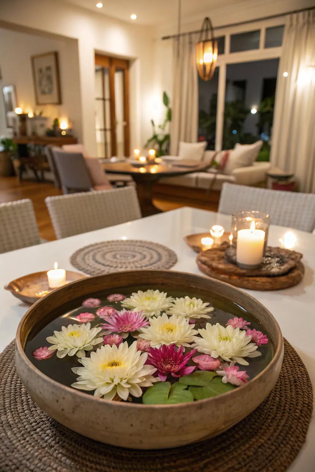 Floating blooms create a serene and calming centerpiece for any occasion.