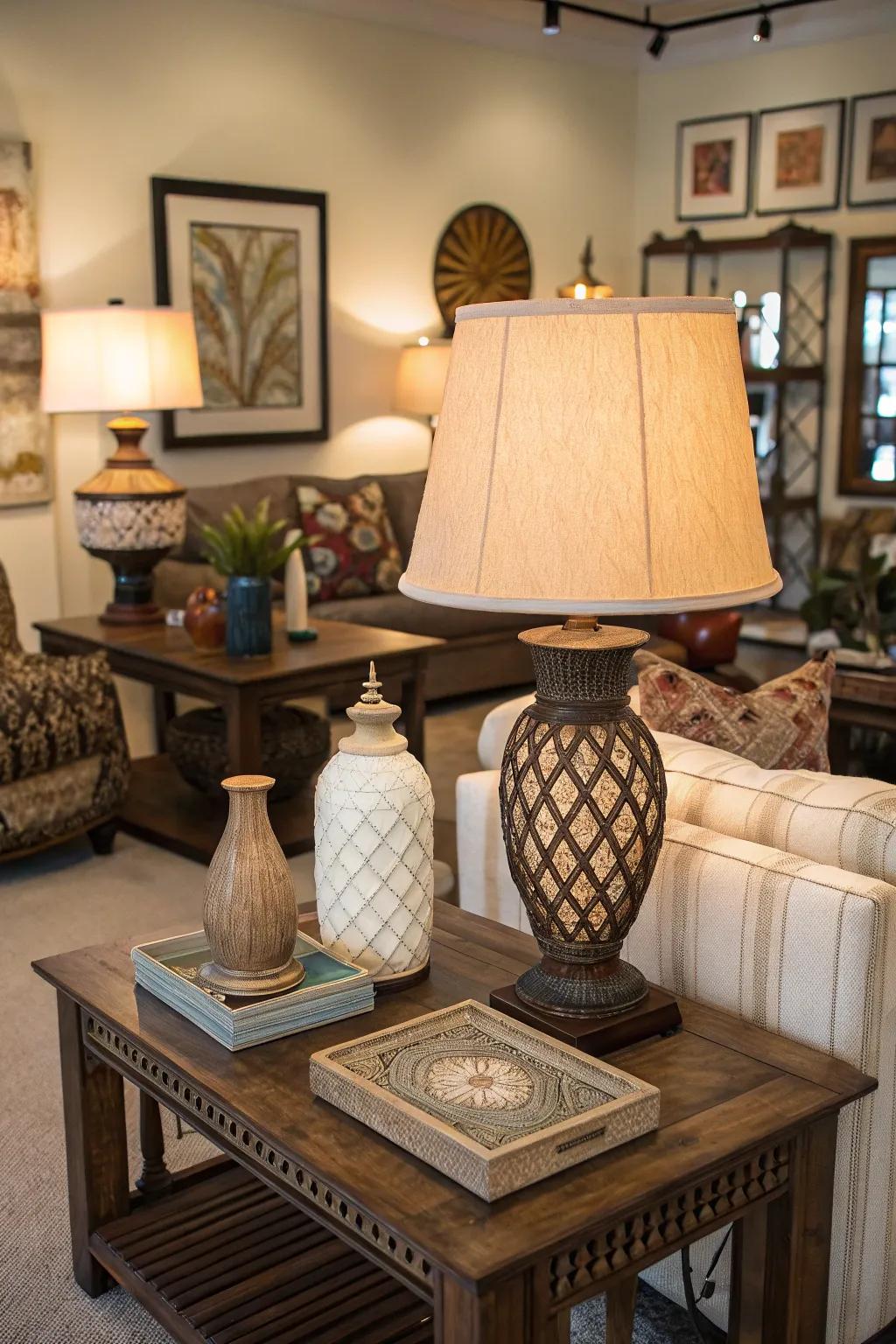 An array of table lamps enriches ambient lighting in a living room.