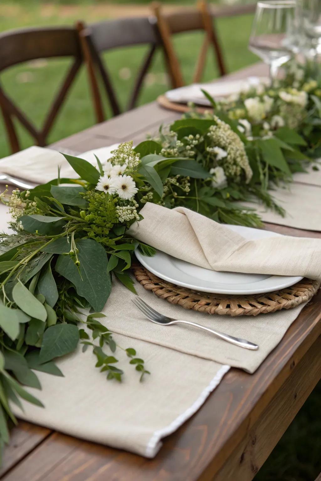 Natural decor with greenery and neutral napkins.