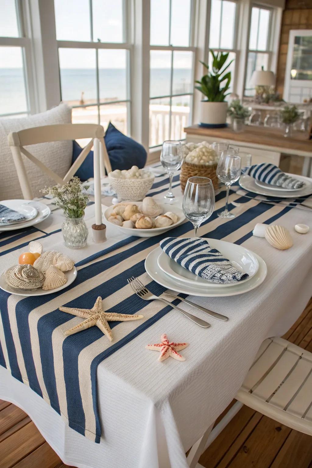 A maritime table arrangement featuring shell formations and marine shades.