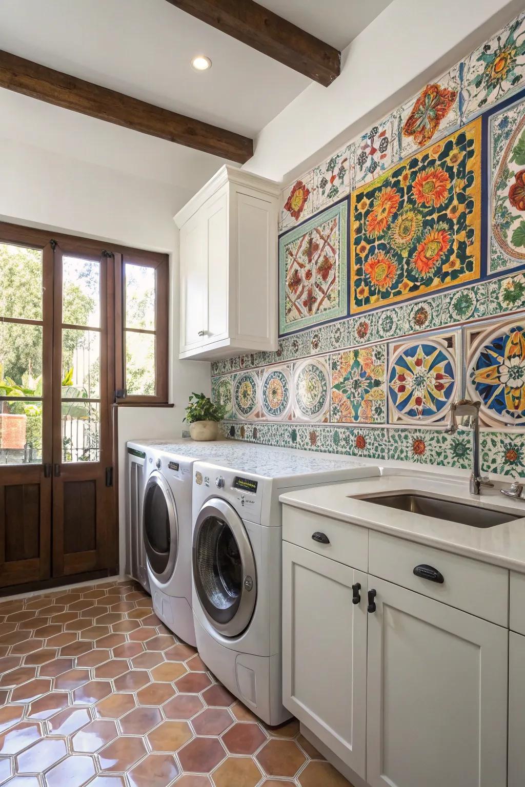 Add joy to your laundry routine with an Andalusian ceramics backsplash.