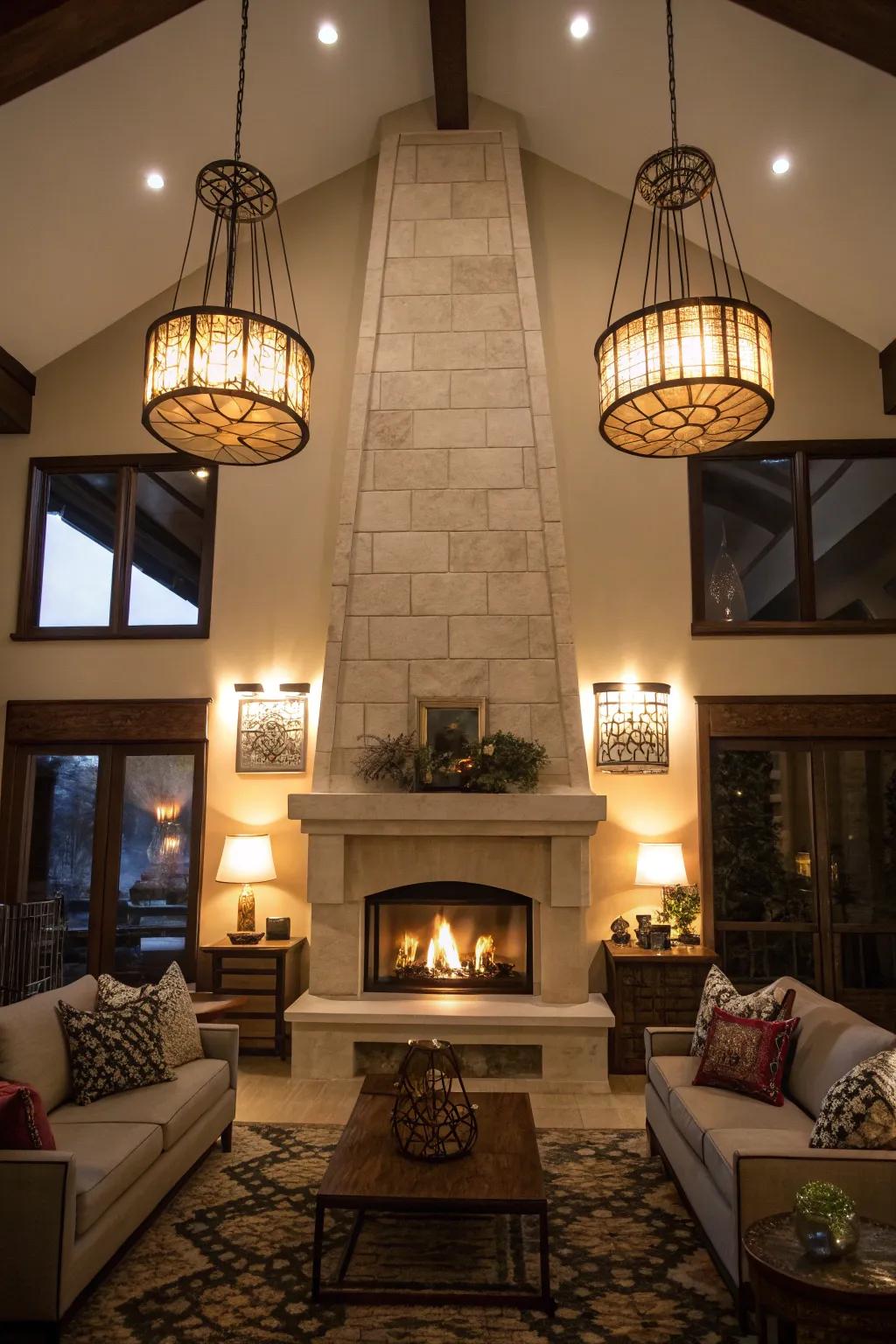 Stylish lighting brings warmth and elegance to a fireplace area.