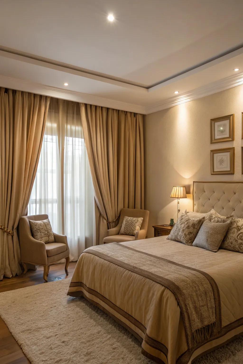 Coordinated drapes and upholstery enhance the beige bedroom’s harmony.