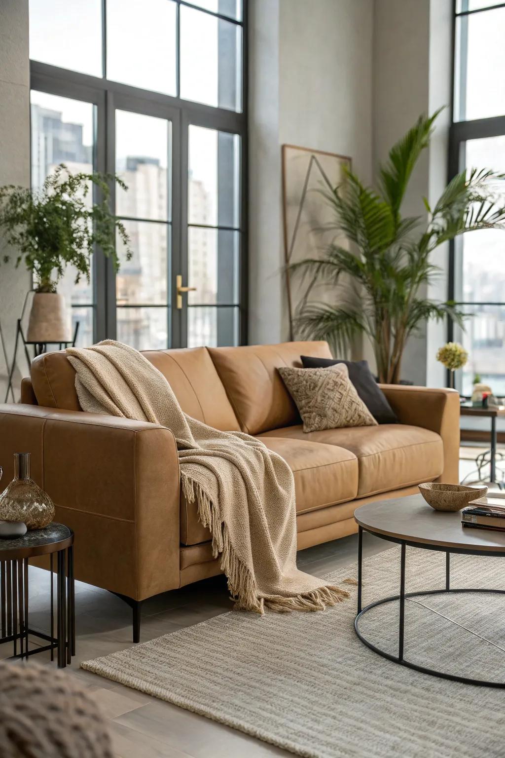 Modern and cozy elements harmonize seamlessly with a beige sofa.