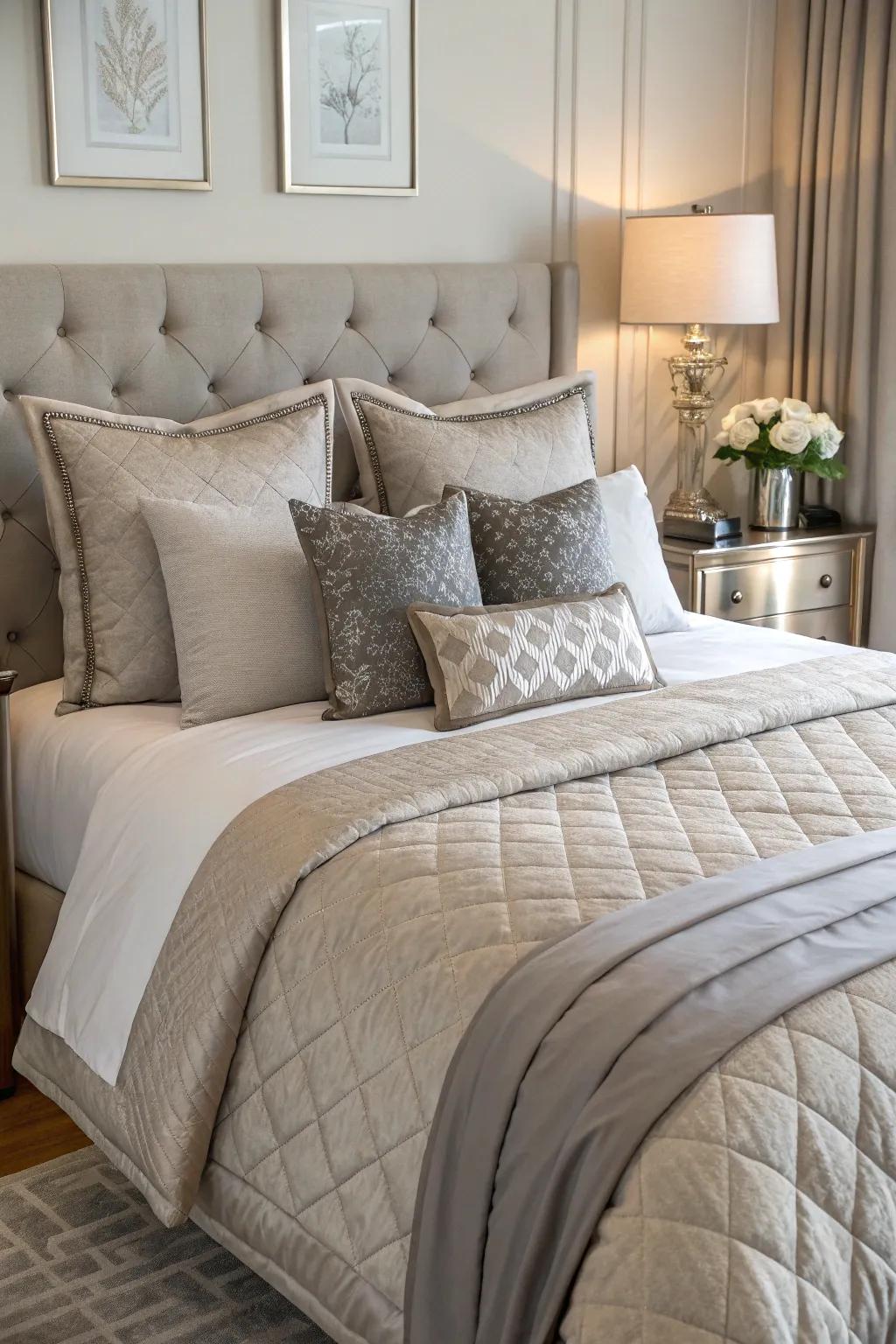 Taupe and grey cushions enhancing the bed.