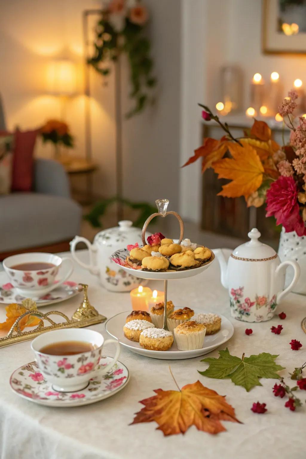 Occasional ornaments contribute a cohesive theme to the tea celebration.