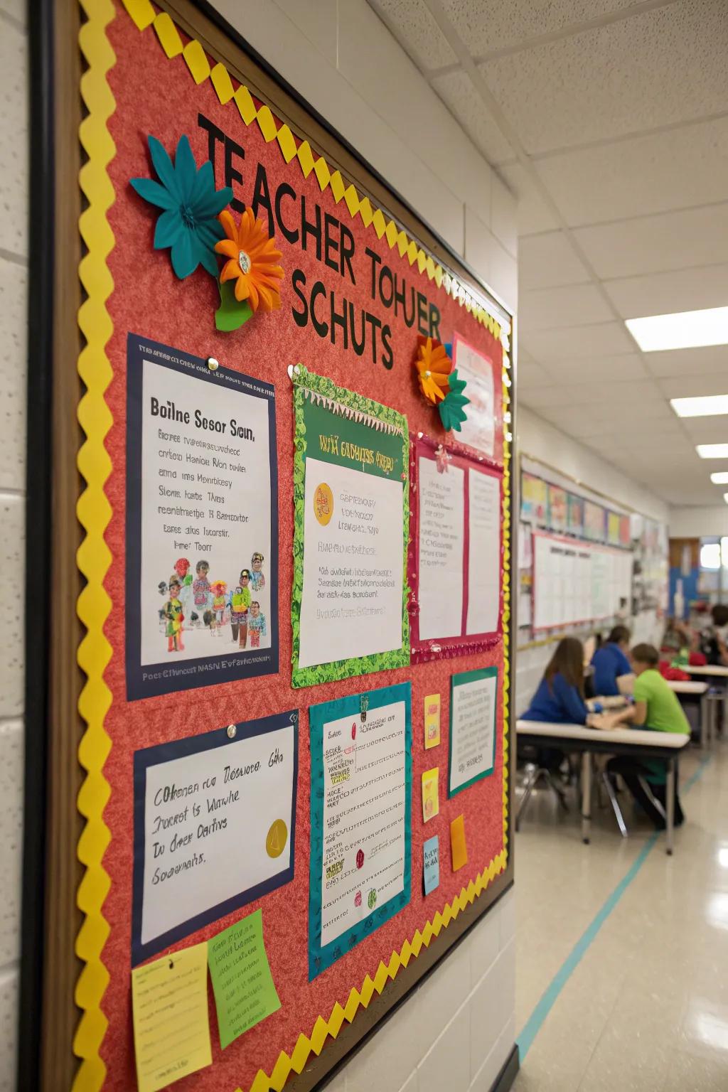 Bright board highlighting individual educator efforts with spotlights.