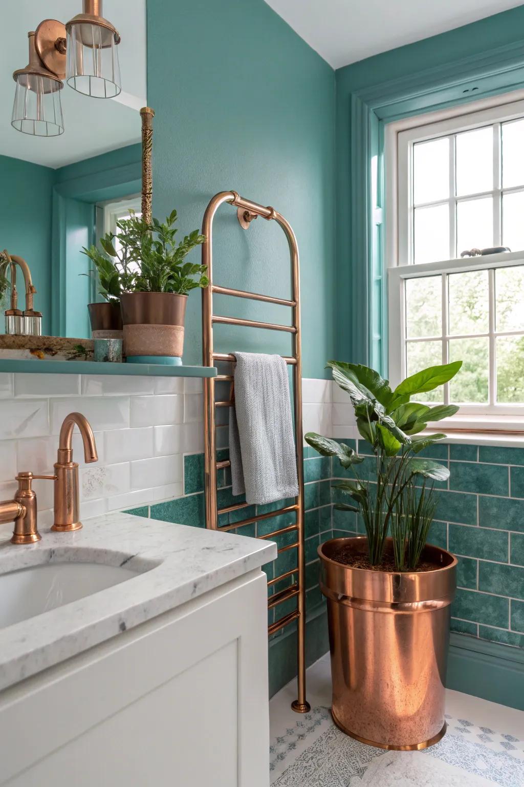 Achieve rustic balance by using seafoam and copper.