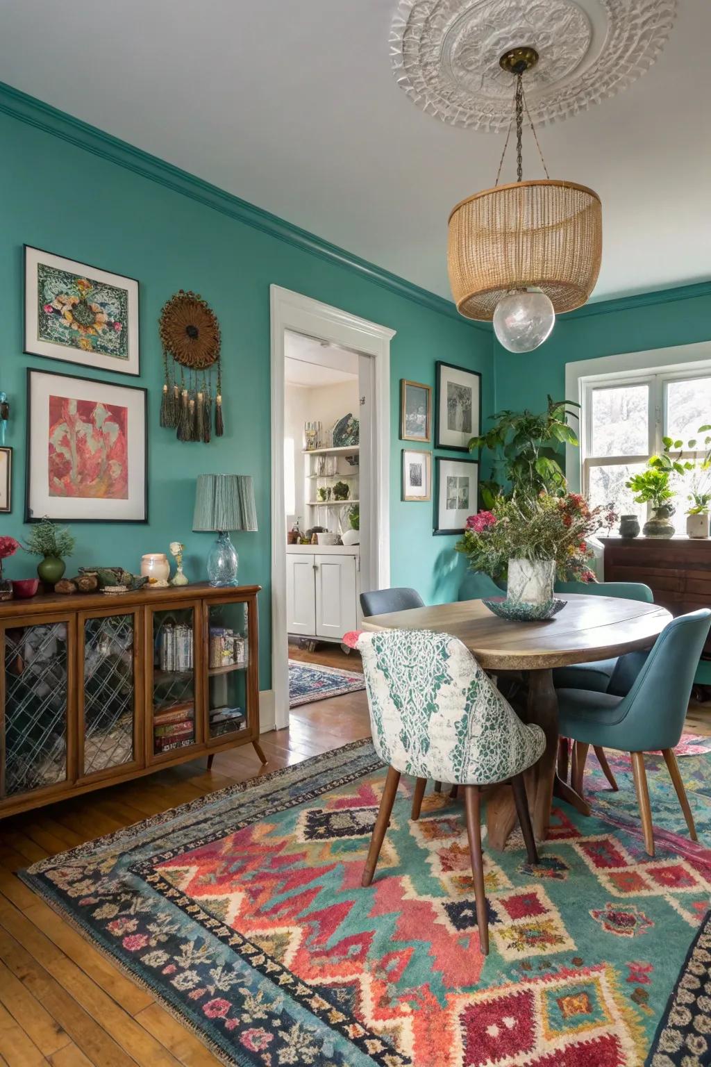 Eclectic patterns and teal create a vibrant atmosphere