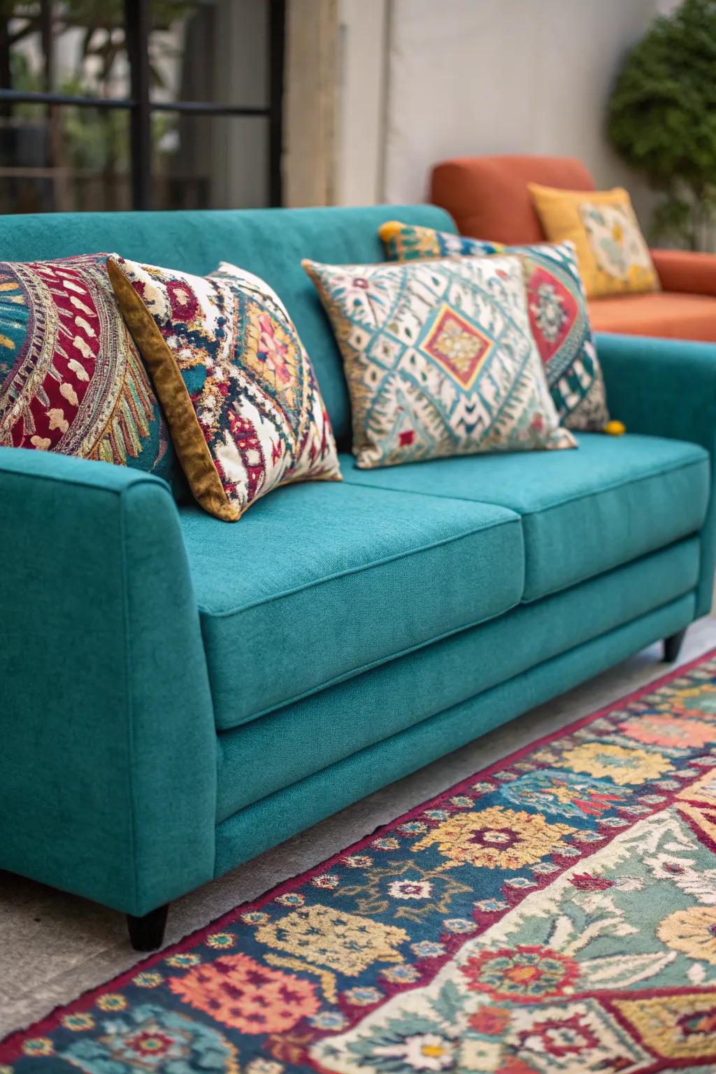 Patterns inject a lively touch into a cerulean sofa ensemble.