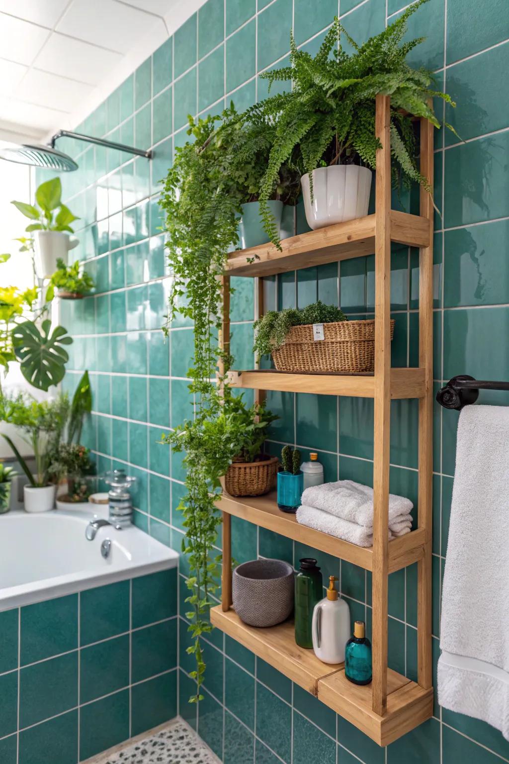 Nature-inspired style matches the calming effect of turquoise tiles.