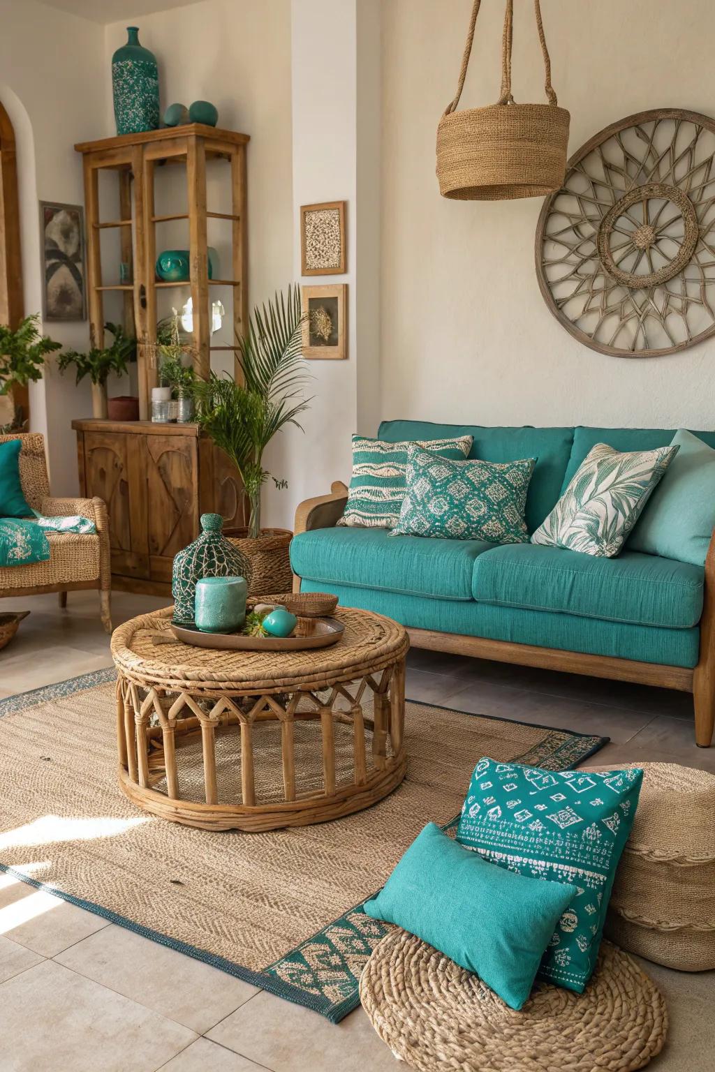 Organic elements harmonize with teal and turquoise for a grounded sensation.