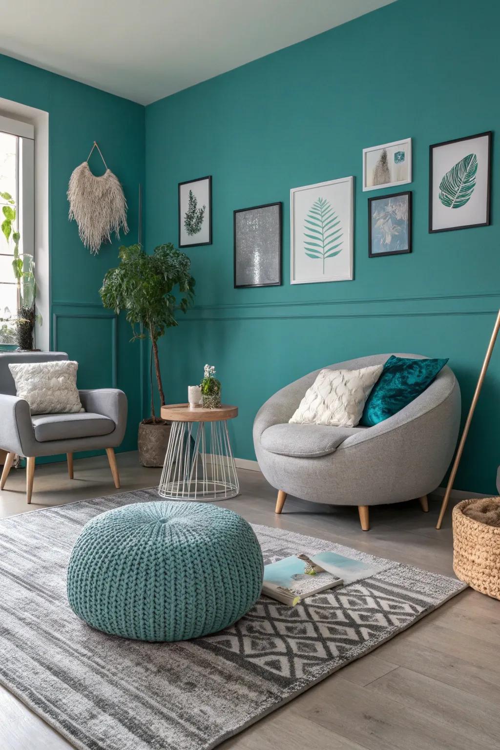 Sophisticated modern room with aqua and grey tones.