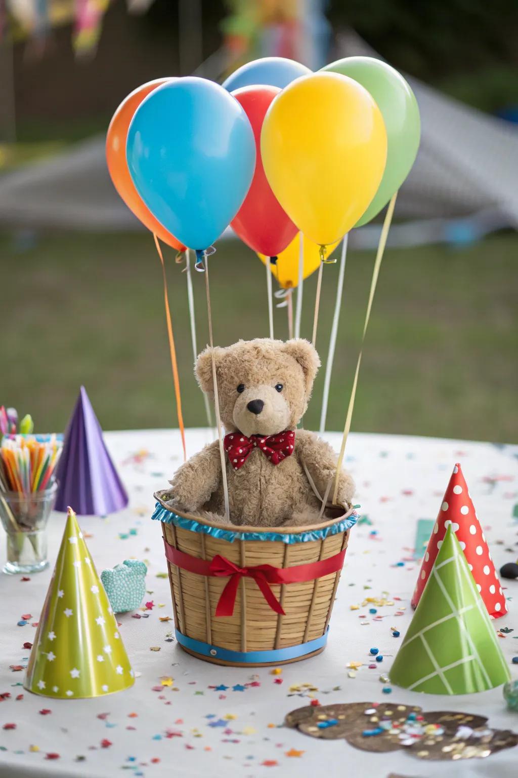 A hot air balloon centerpiece adds an adventurous flair.